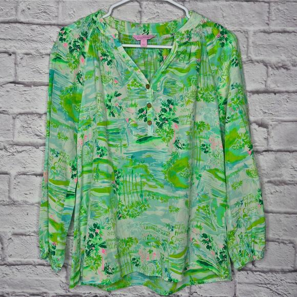 Lilly Pulitzer Elsa Silk Top The Honda Classic Golf Print Green XS 41773 Rare. - Picture 2 of 12